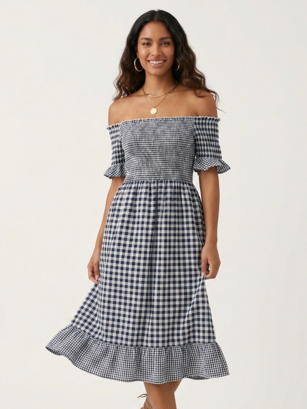 POL Navy Smocked Gingham Midi Dress | Off Shoulder Checkered Dress Cottage - Picture 3 of 8